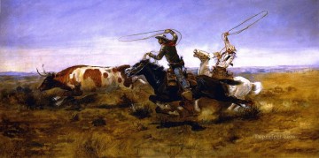 vaquero de indiana Painting - Oh vaqueros atando un novillo 1892 Charles Marion Russell Vaquero de Indiana